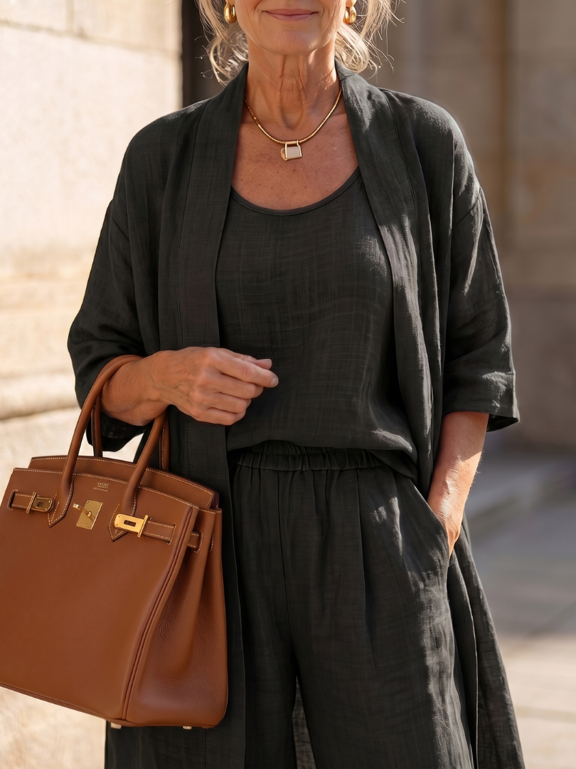 Women's Linen Set | Three-Piece Cardigan, Wide-Leg Pants
