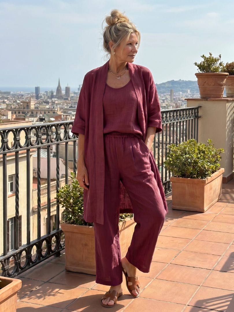 Women's Linen Set | Three-Piece Cardigan, Wide-Leg Pants