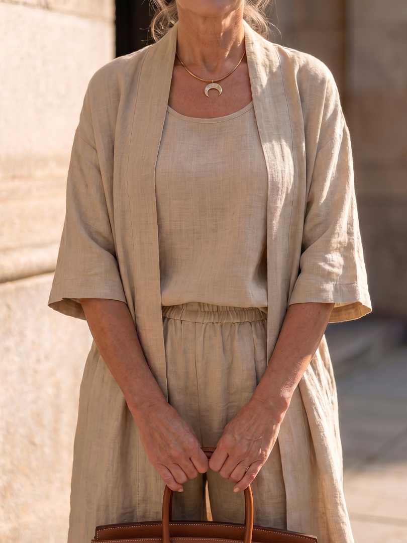 Women's Linen Set | Three-Piece Cardigan, Wide-Leg Pants