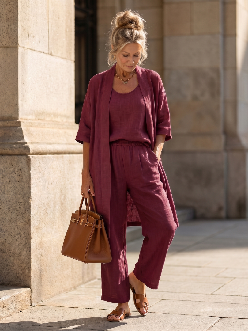 Women's Linen Set | Three-Piece Cardigan, Wide-Leg Pants