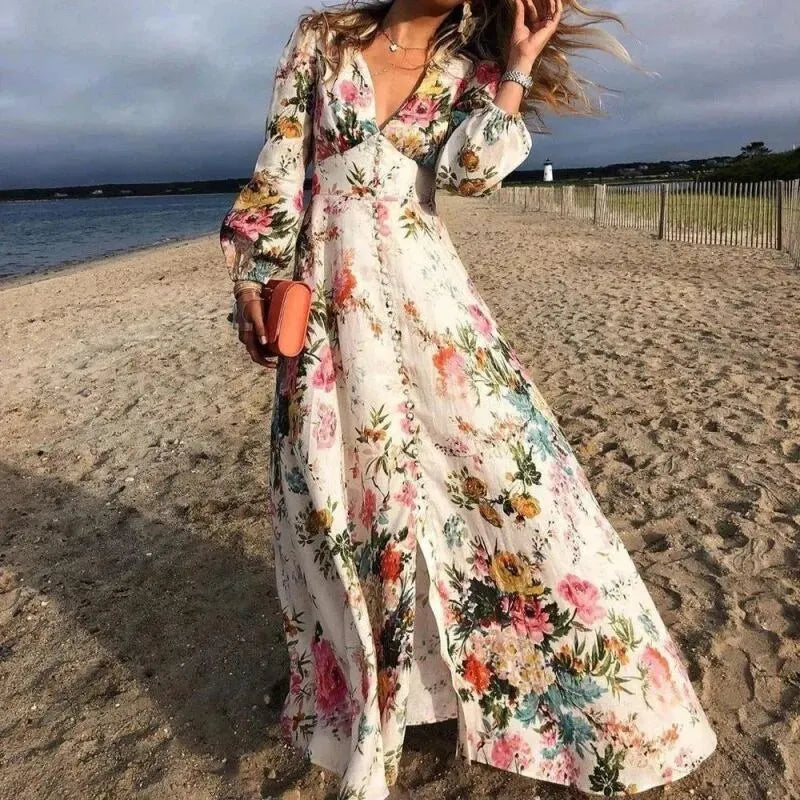 Floral Summer Dress Women | Long Sleeve V Neck Boho Sundress