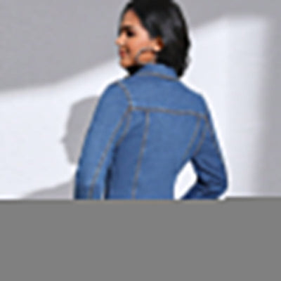 Classic Denim Jacket with Lapel for Women – Long Sleeves with Utility Pockets