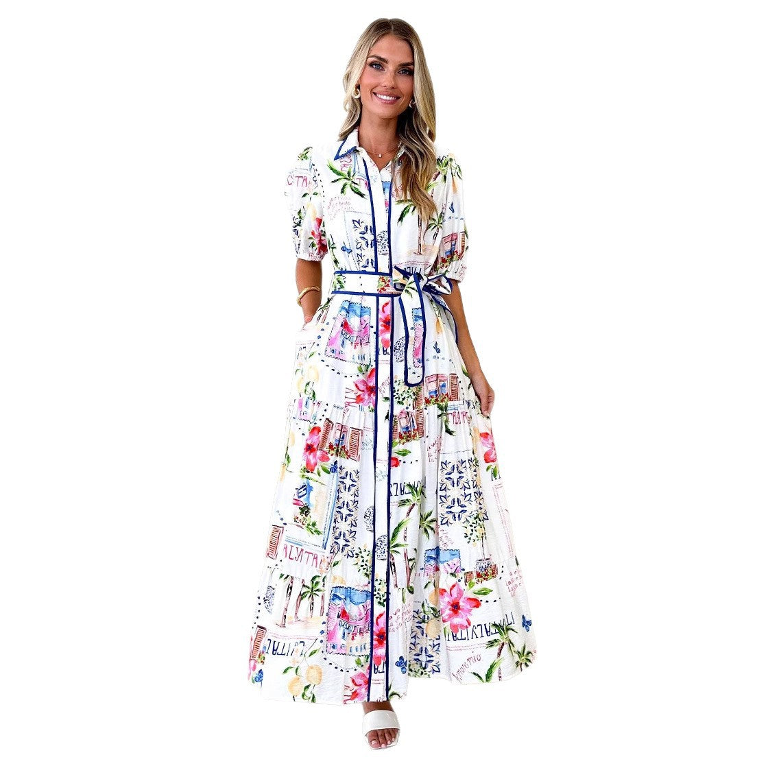 Cotton Maxi Dress | Floral Print, White, Pockets