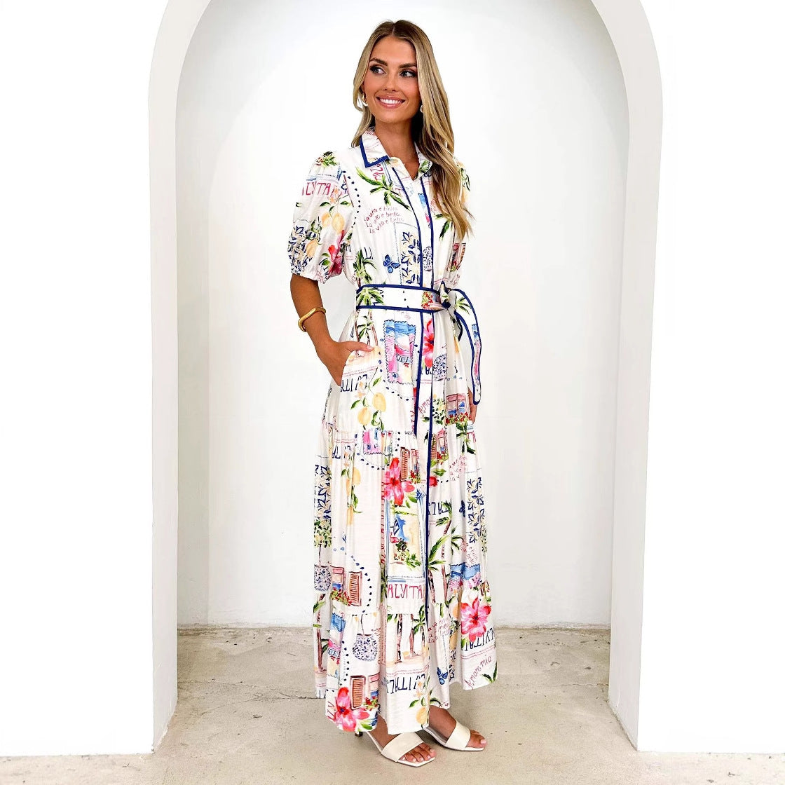Cotton Maxi Dress | Floral Print, White, Pockets