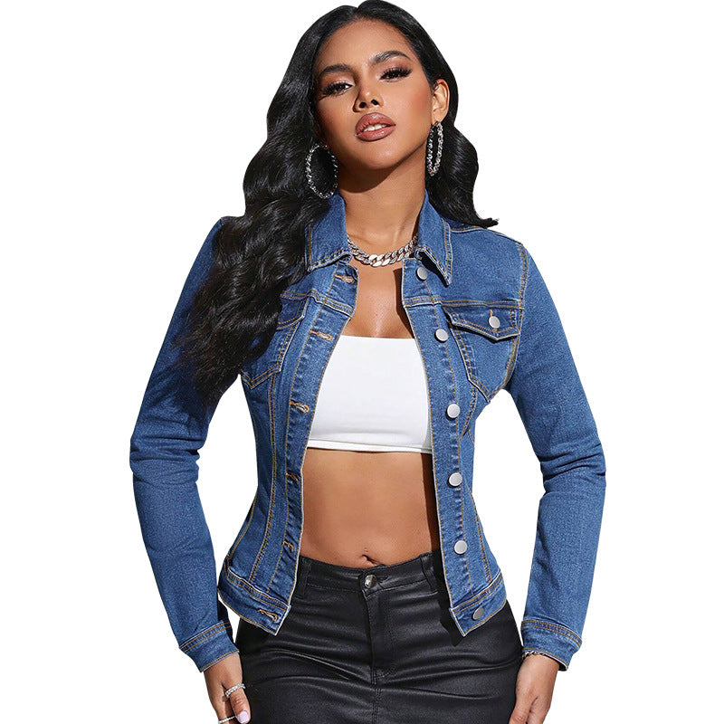 Classic Denim Jacket with Lapel for Women – Long Sleeves with Utility Pockets