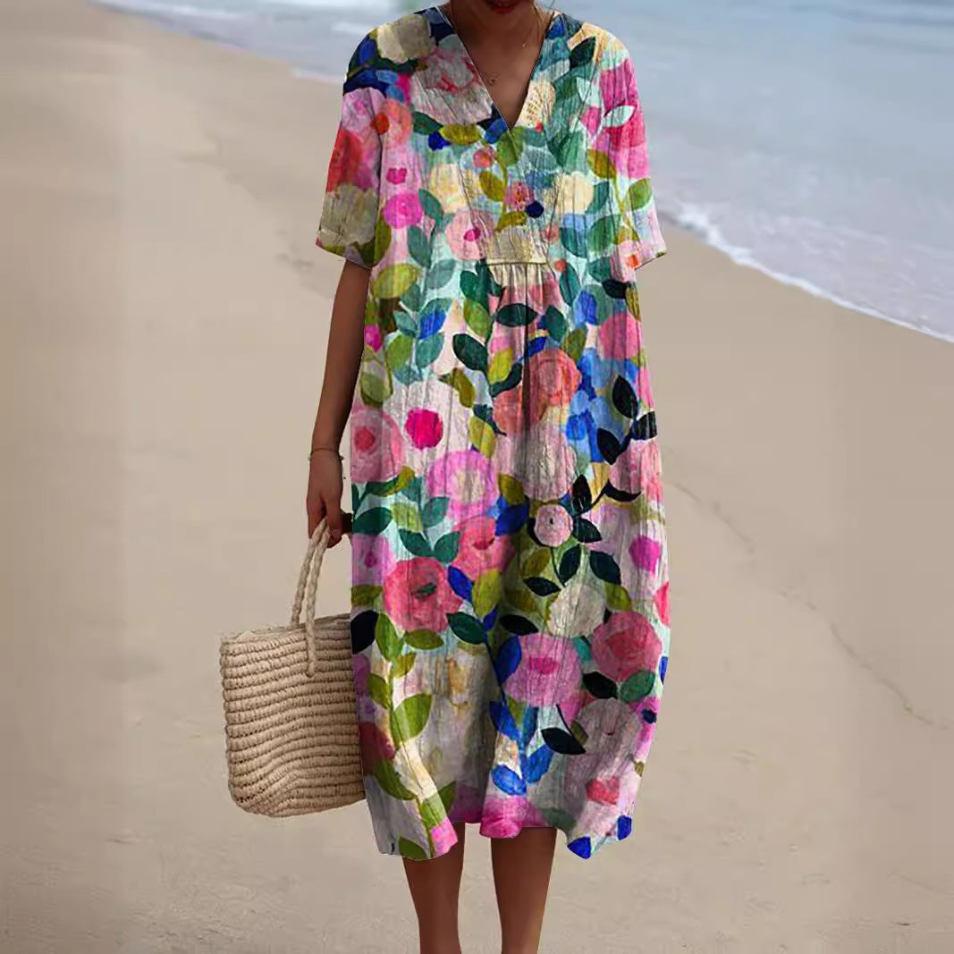 Floral Summer Dress Women | V-Neck, Colorful Blooms | Casual