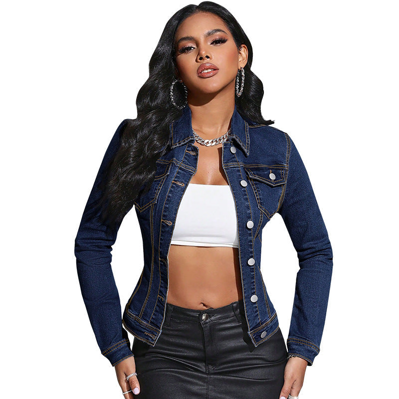Classic Denim Jacket with Lapel for Women – Long Sleeves with Utility Pockets
