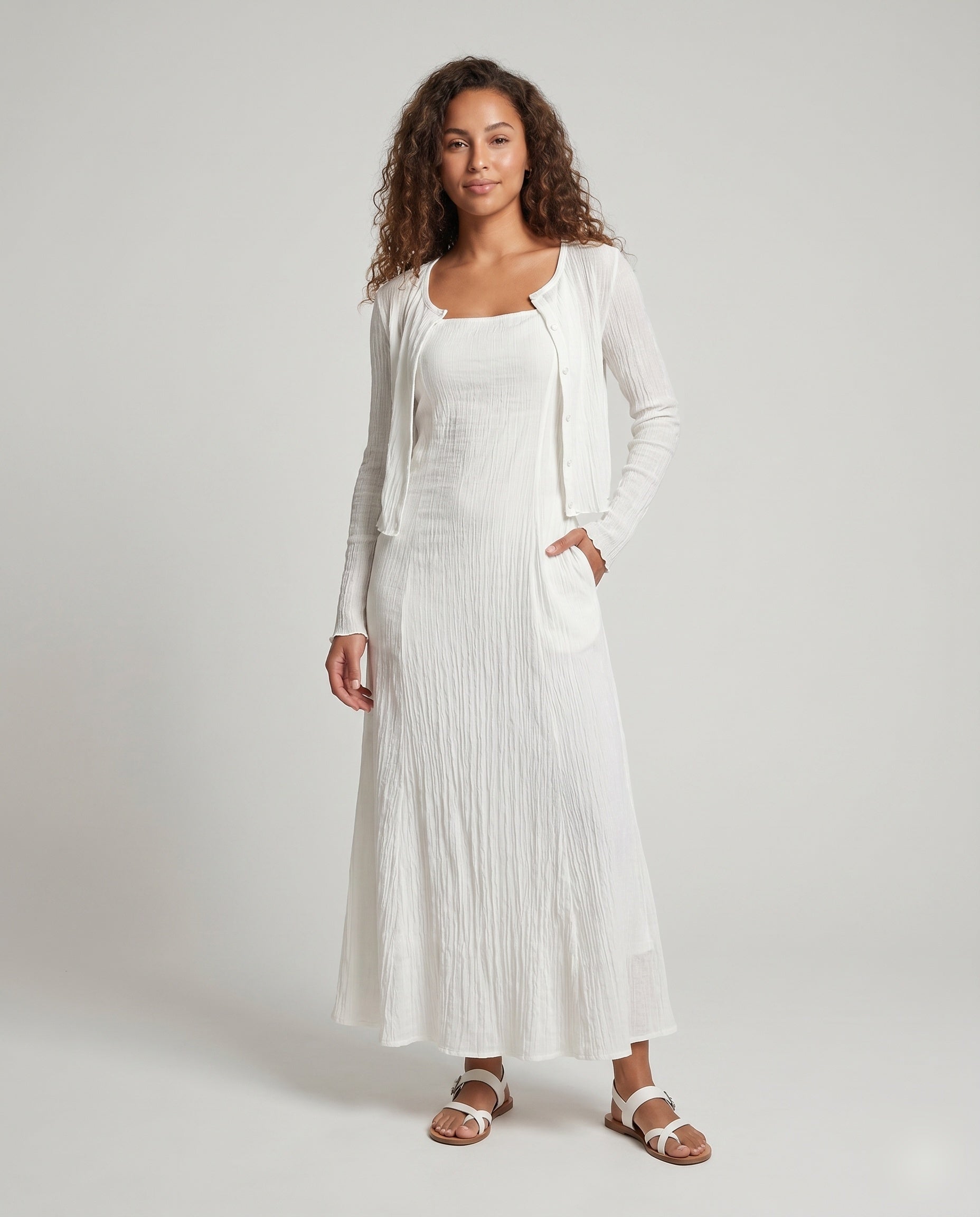 Cotton Maxi Dress | Long Sleeve, White | Breathable Summer