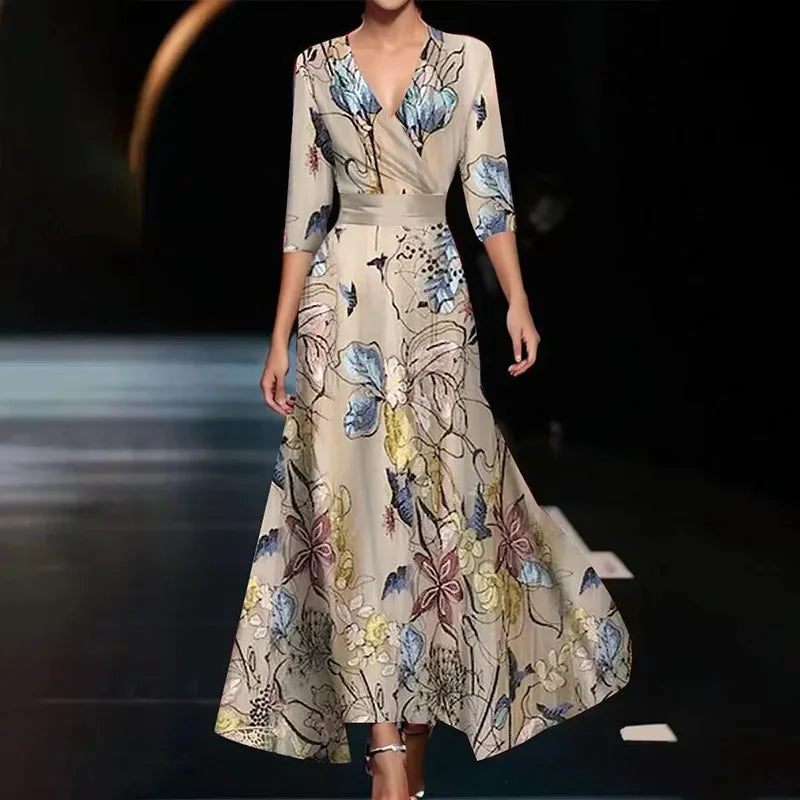 Floral Summer Dress Women | Maxi, V-Neck, Three-Quarter Sleeves