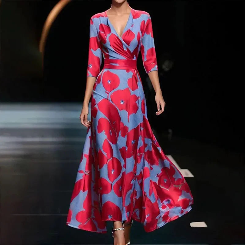 Floral Summer Dress Women | Maxi, V-Neck, Three-Quarter Sleeves