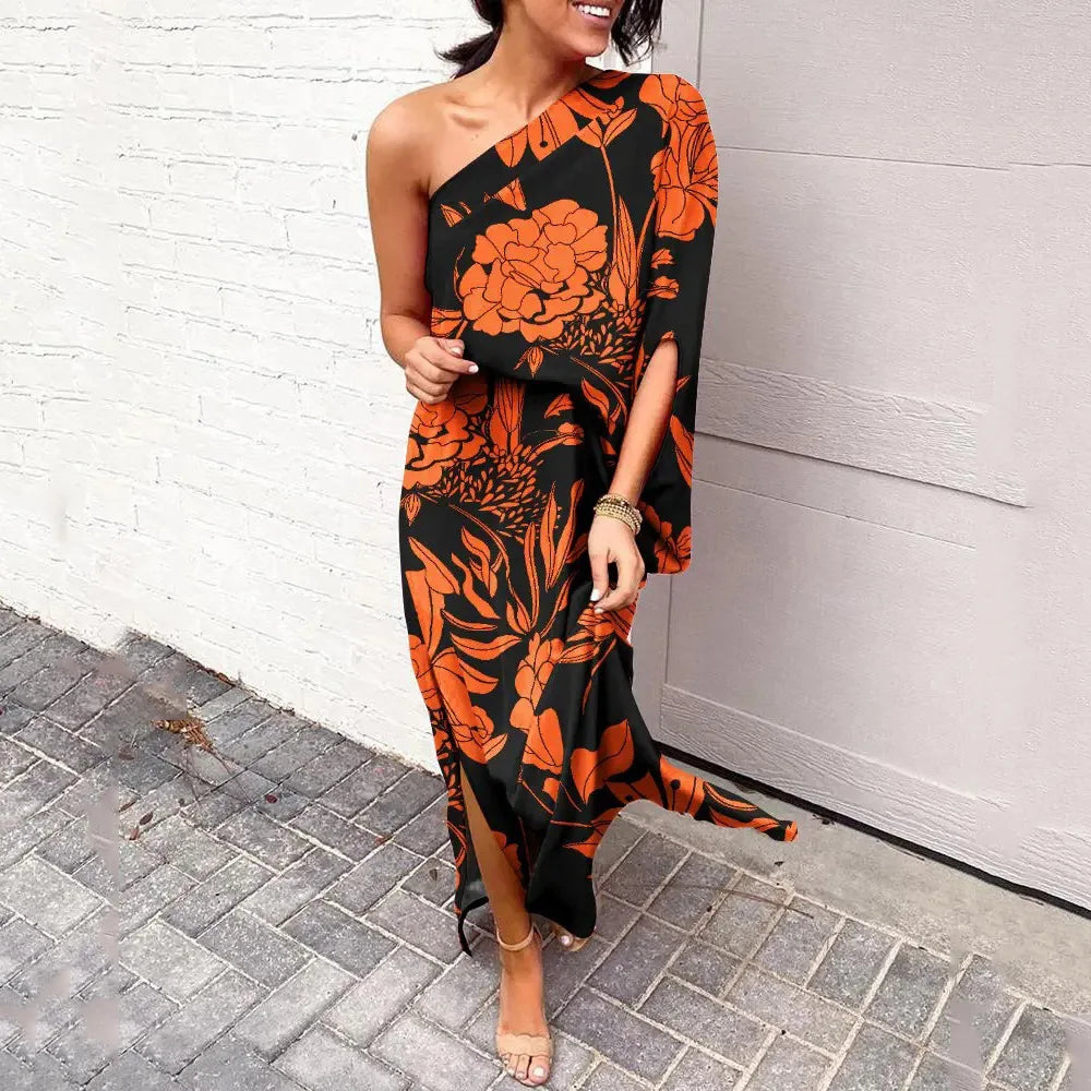Women's Summer Dress | Asymmetrical Shoulder, Floral-Ready