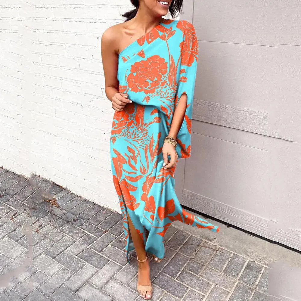 Women's Summer Dress | Asymmetrical Shoulder, Floral-Ready