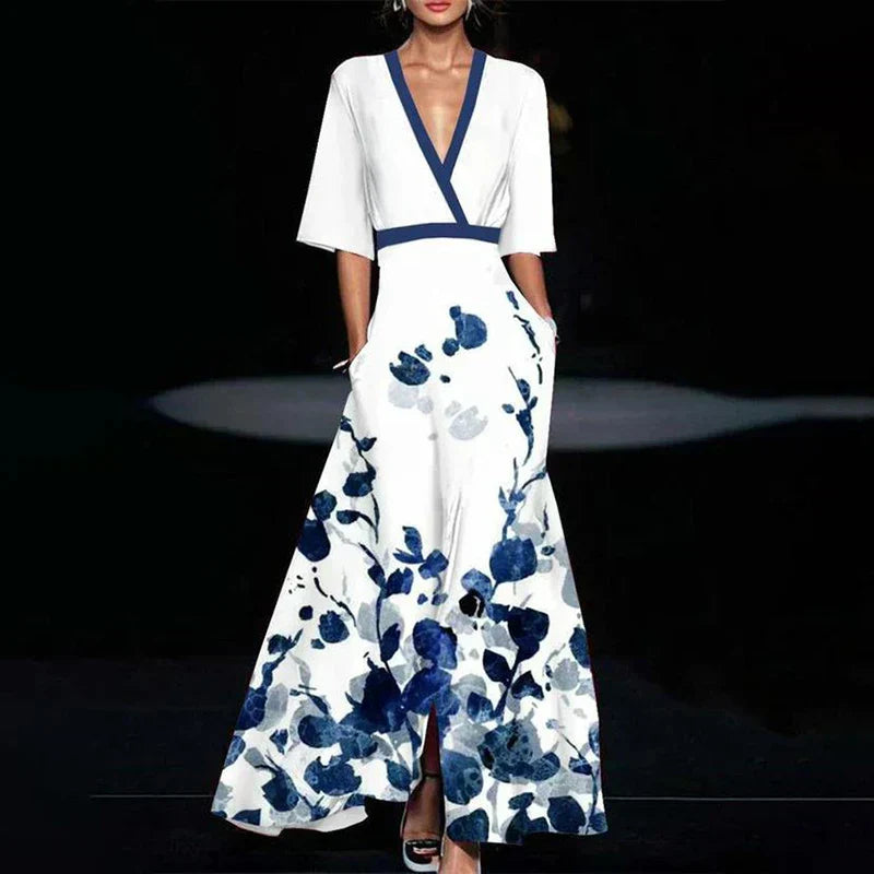 Floral Summer Dress Women | Maxi, V-Neck, Three-Quarter Sleeves