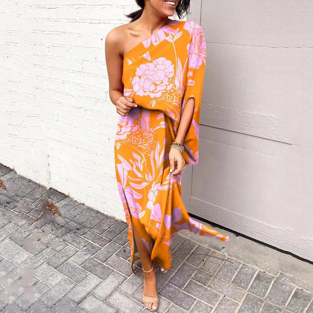 Women's Summer Dress | Asymmetrical Shoulder, Floral-Ready