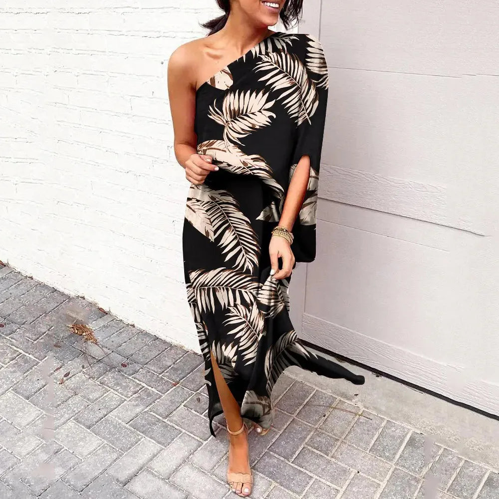Women's Summer Dress | Asymmetrical Shoulder, Floral-Ready