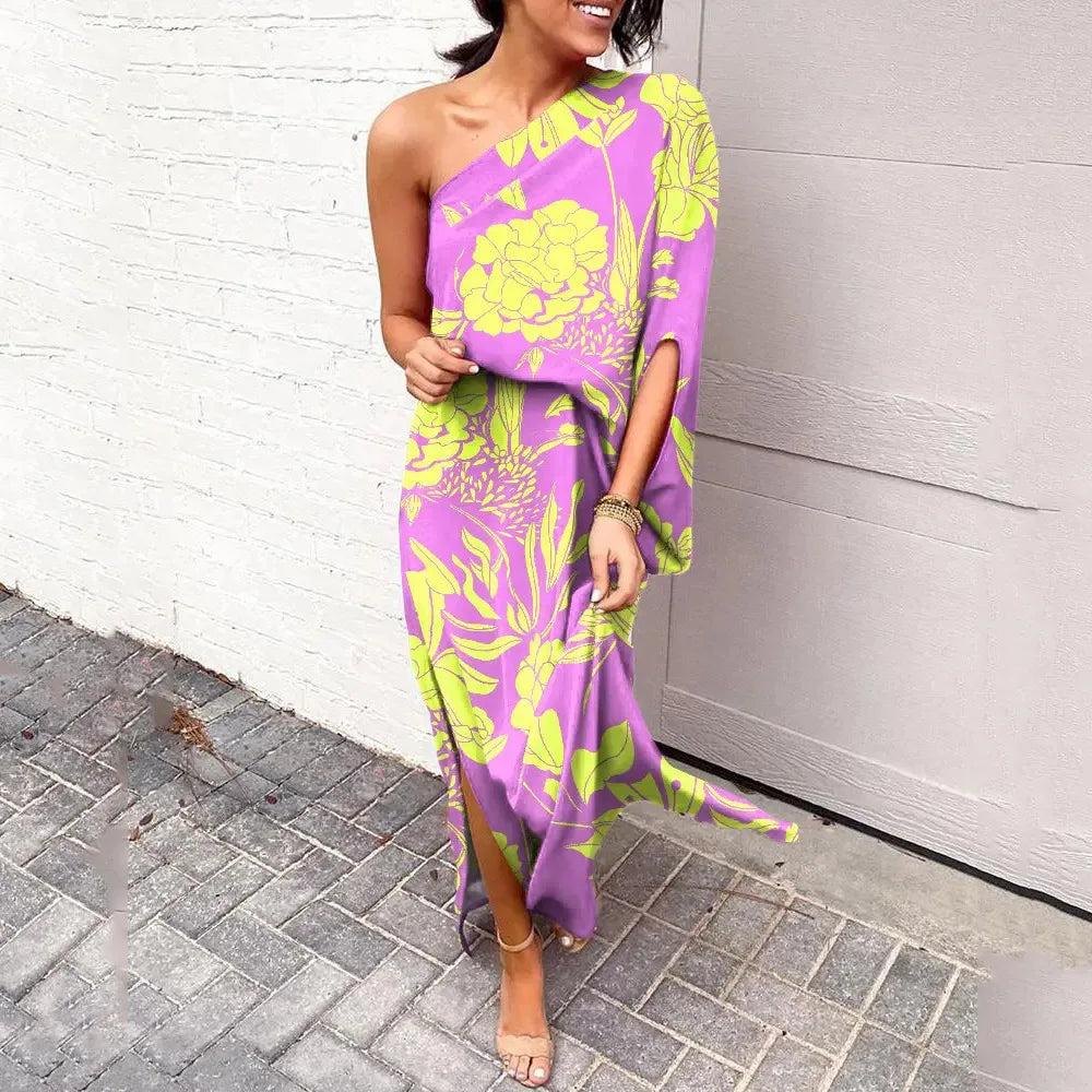 Women's Summer Dress | Asymmetrical Shoulder, Floral-Ready