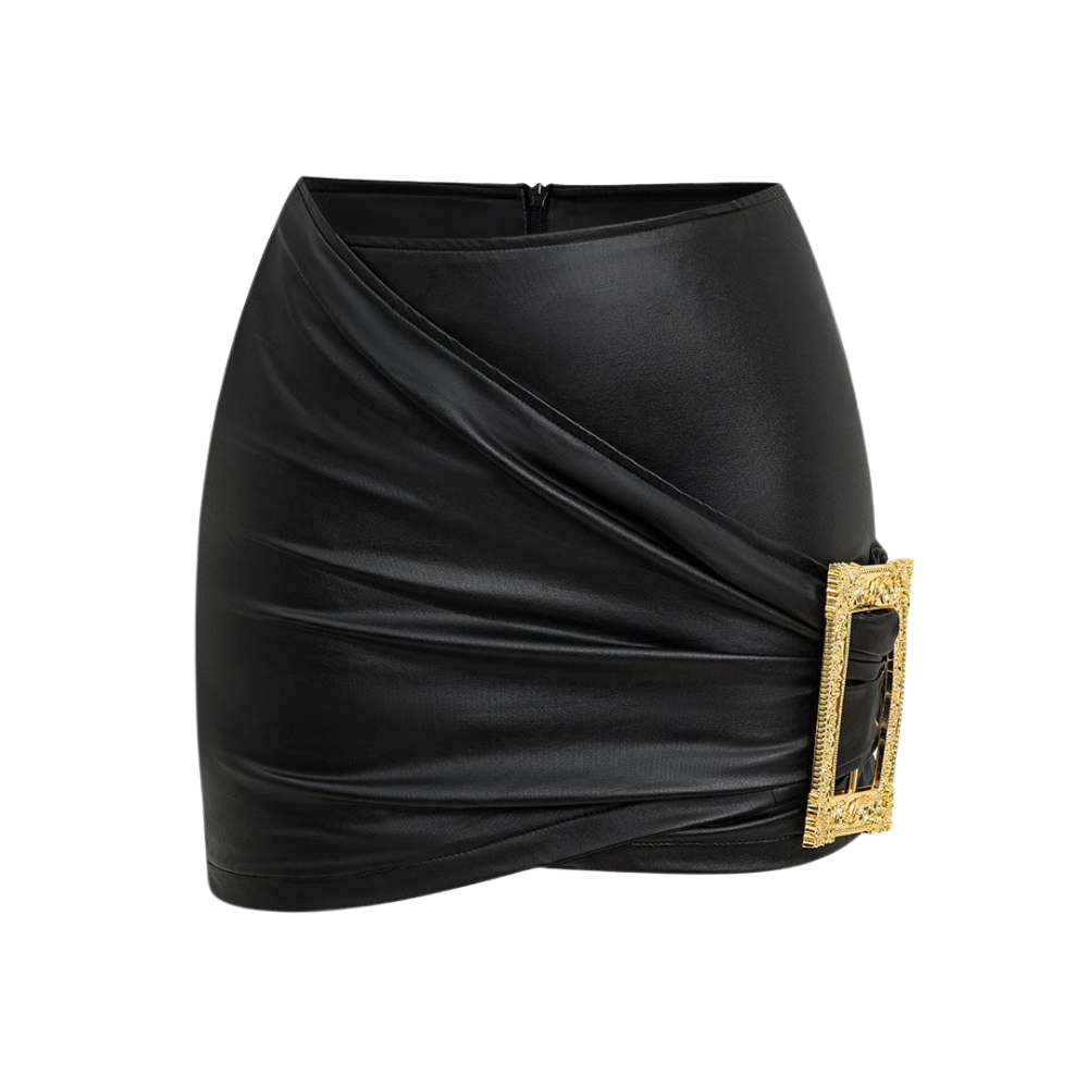Mini Skirt | Black | Asymmetrical Draping & Golden Pin