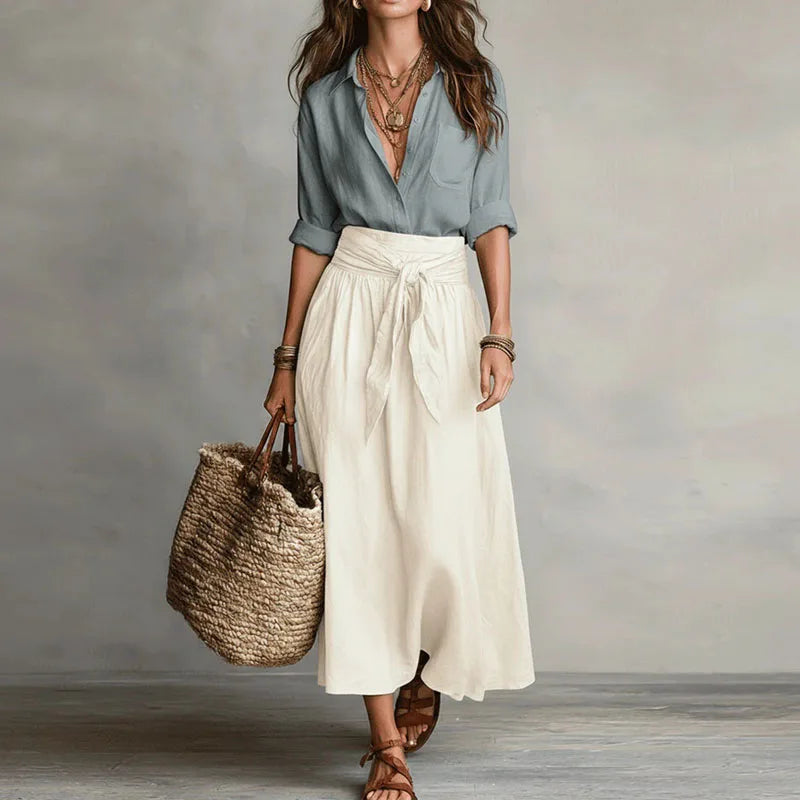 Women's Linen Set | High Waist, Pleated Skirt, Belt