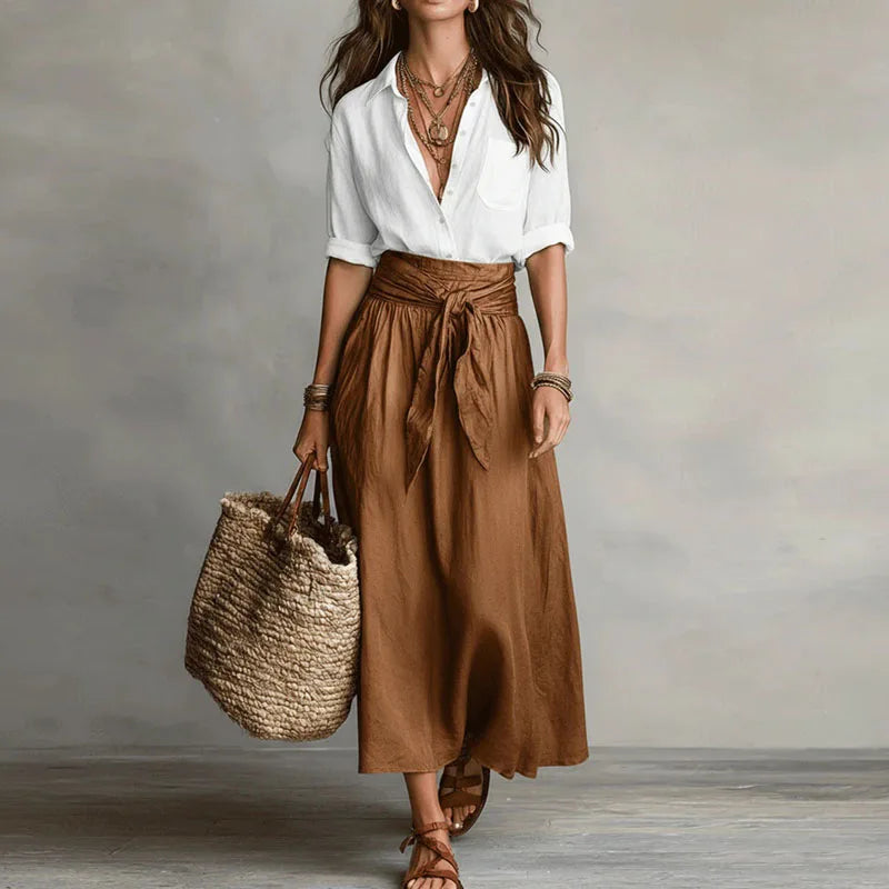 Women's Linen Set | High Waist, Pleated Skirt, Belt