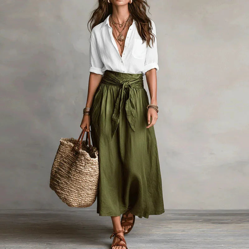 Women's Linen Set | High Waist, Pleated Skirt, Belt