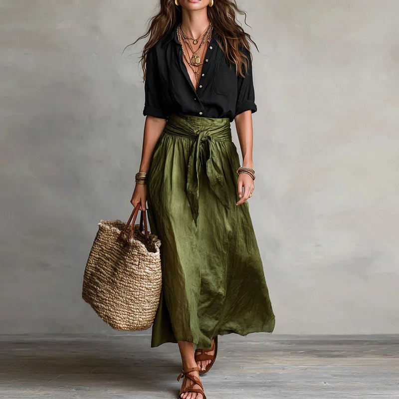 Women's Linen Set | High Waist, Pleated Skirt, Belt