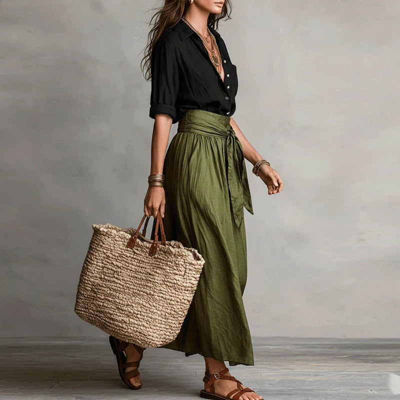 Women's Linen Set | High Waist, Pleated Skirt, Belt