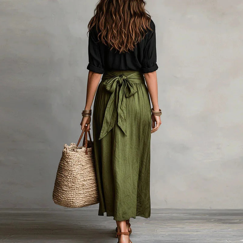 Women's Linen Set | High Waist, Pleated Skirt, Belt