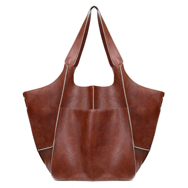 Oversized Vintage Leather Shoulder Bag - Retro Tote
