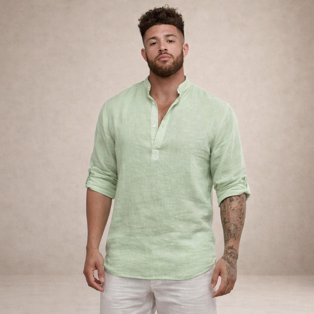 Men's Linen Shirt | Regular Fit, Long Sleeves, Standing Collar