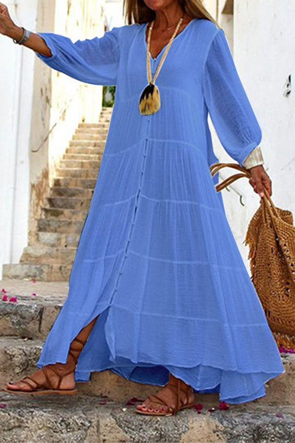 Cotton Maxi Dress | Button Front, Tiered Design | White, Blue, Yellow