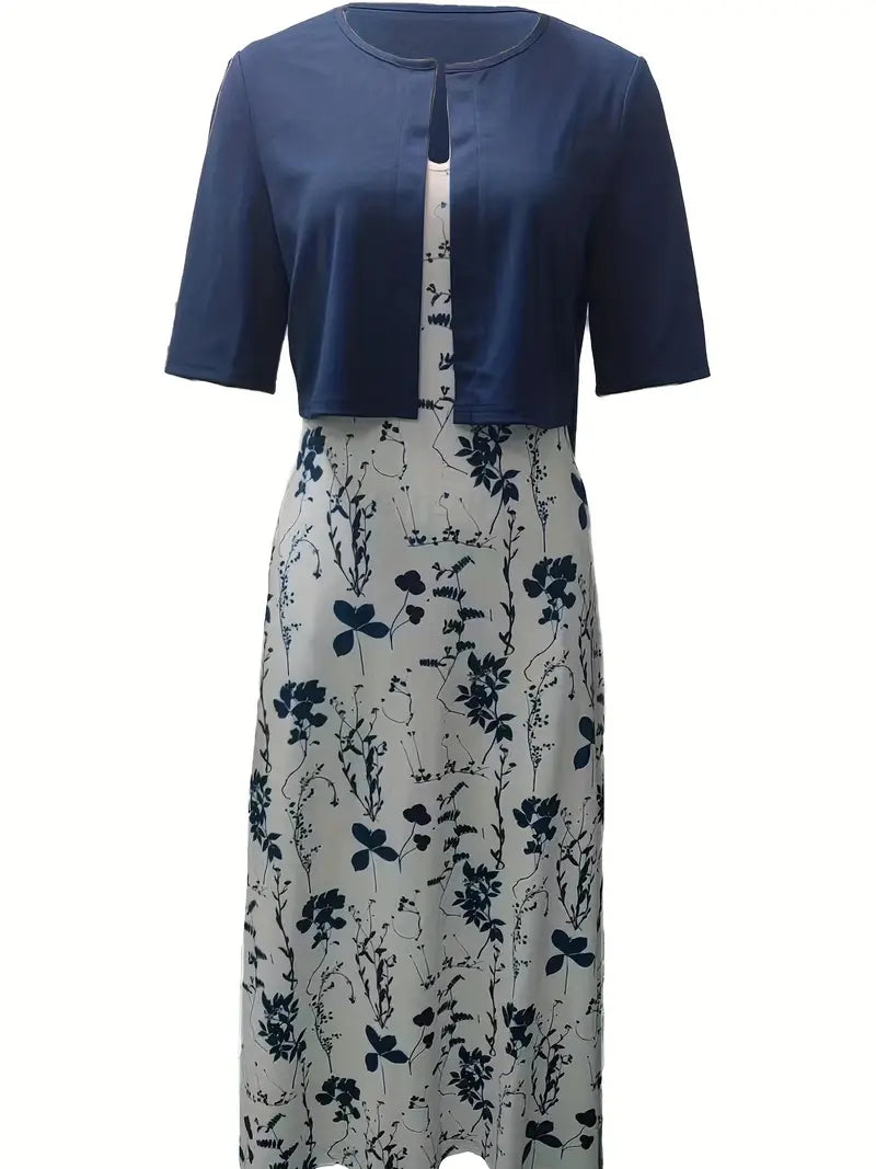 Women's Two-Piece Dress Set | Floral Crop Top & Round Neck | Summer