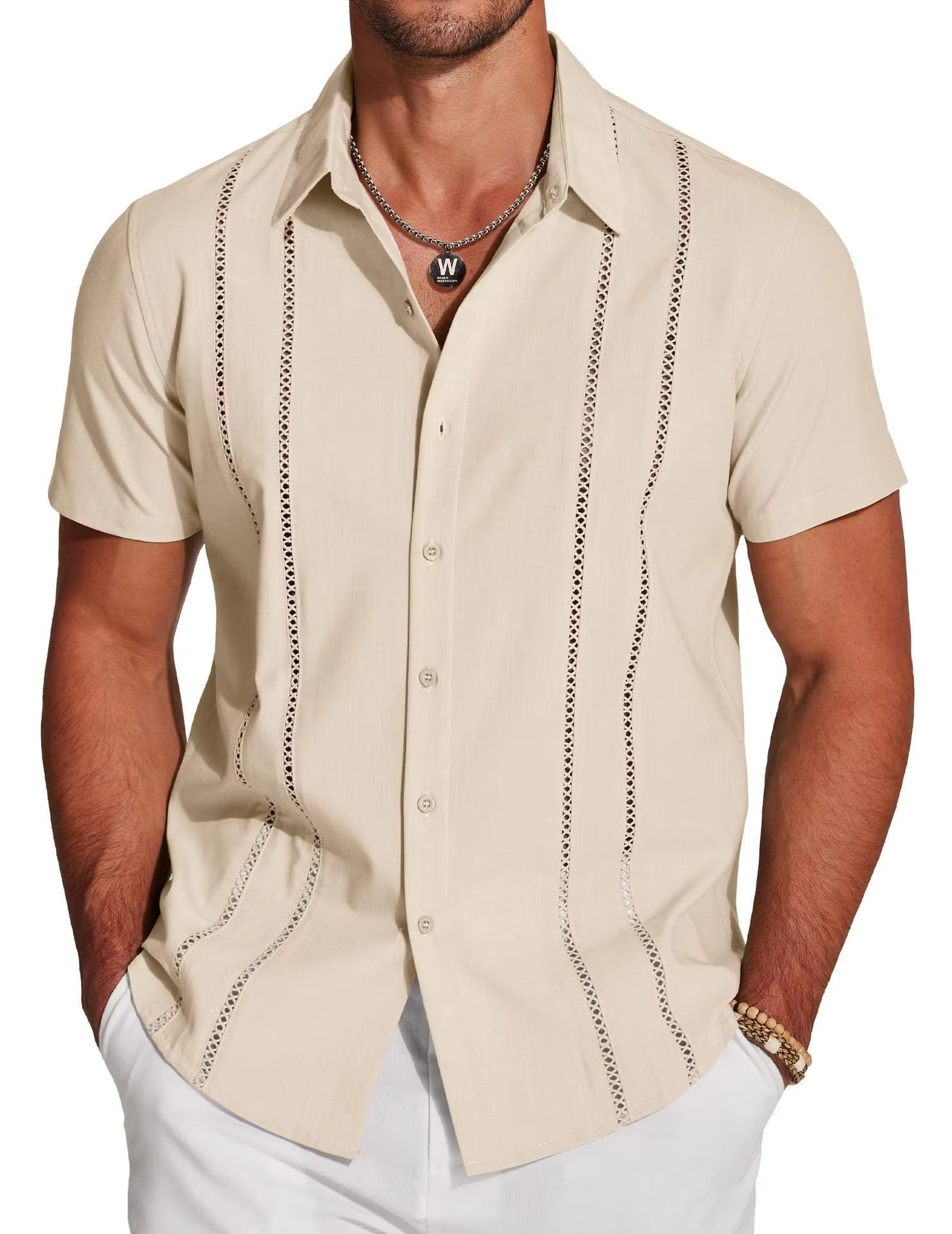 Men's Short Sleeve Cuban Guayabera Shirt, Button Down with Lace Panel Detail