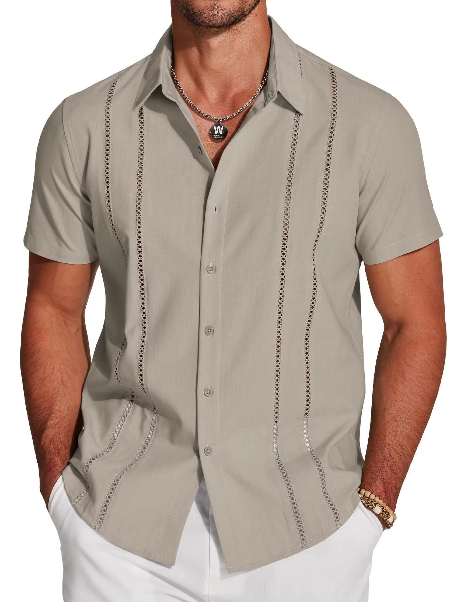 Men's Short Sleeve Cuban Guayabera Shirt, Button Down with Lace Panel Detail