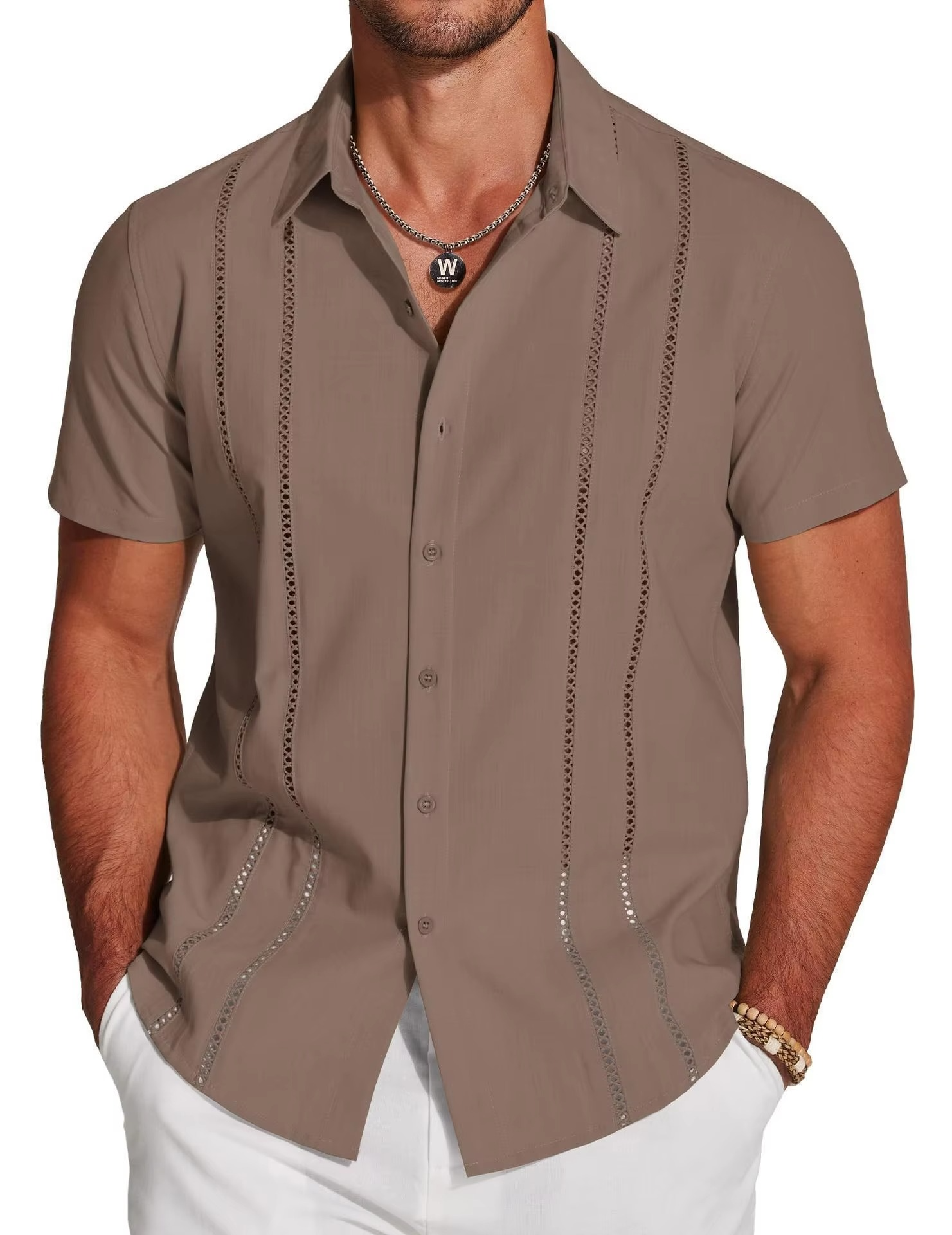 Men's Short Sleeve Cuban Guayabera Shirt, Button Down with Lace Panel Detail