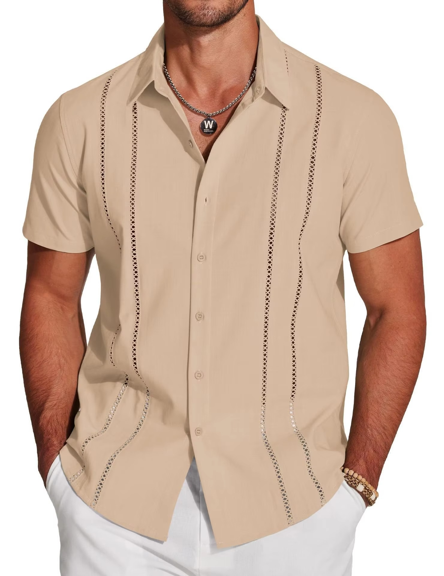 Men's Short Sleeve Cuban Guayabera Shirt, Button Down with Lace Panel Detail