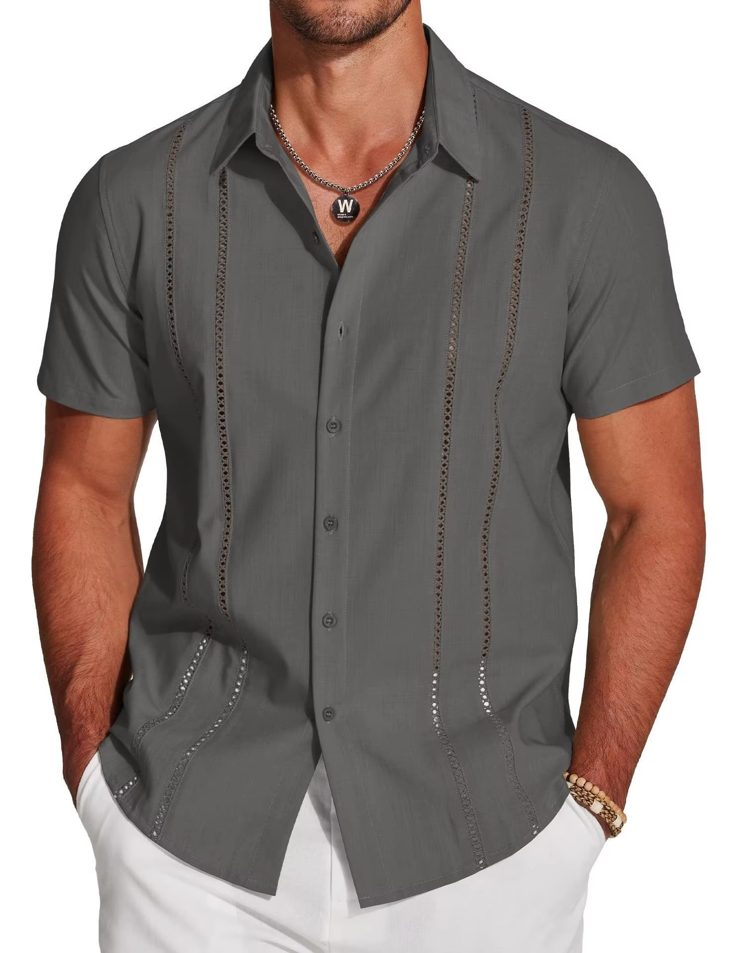 Men's Short Sleeve Cuban Guayabera Shirt, Button Down with Lace Panel Detail