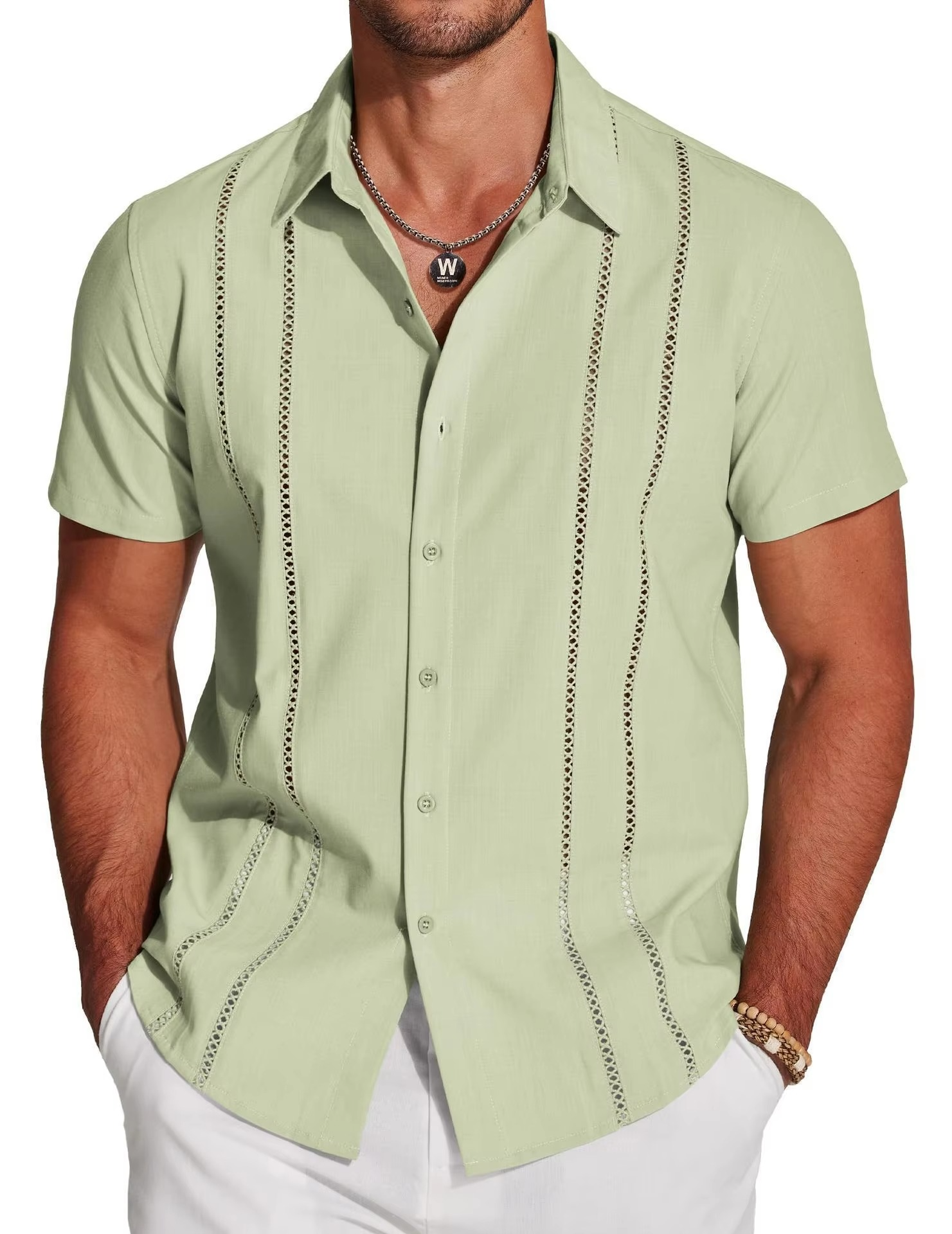 Men's Short Sleeve Cuban Guayabera Shirt, Button Down with Lace Panel Detail