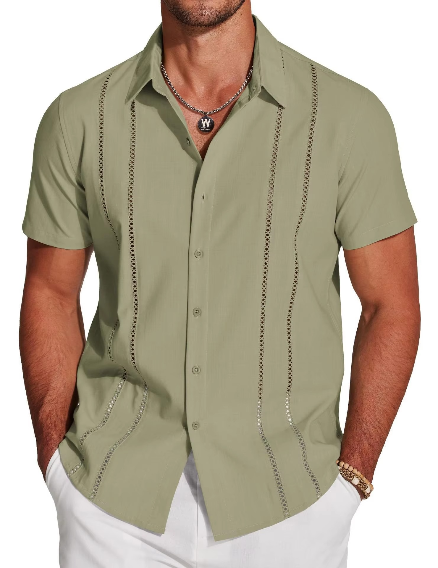 Men's Short Sleeve Cuban Guayabera Shirt, Button Down with Lace Panel Detail