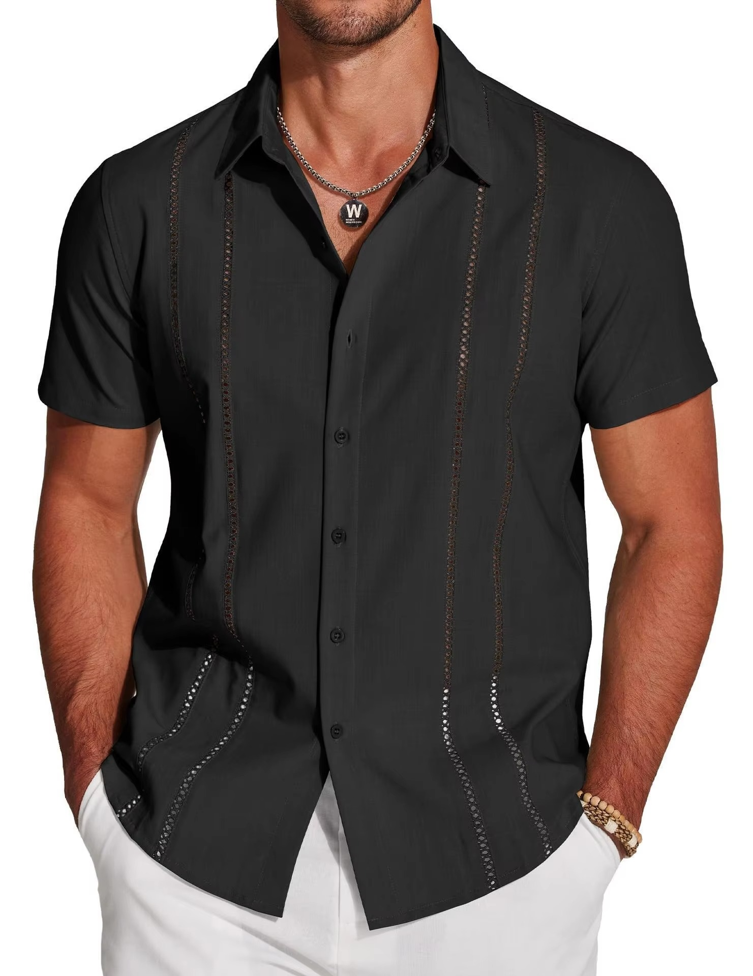 Men's Short Sleeve Cuban Guayabera Shirt, Button Down with Lace Panel Detail