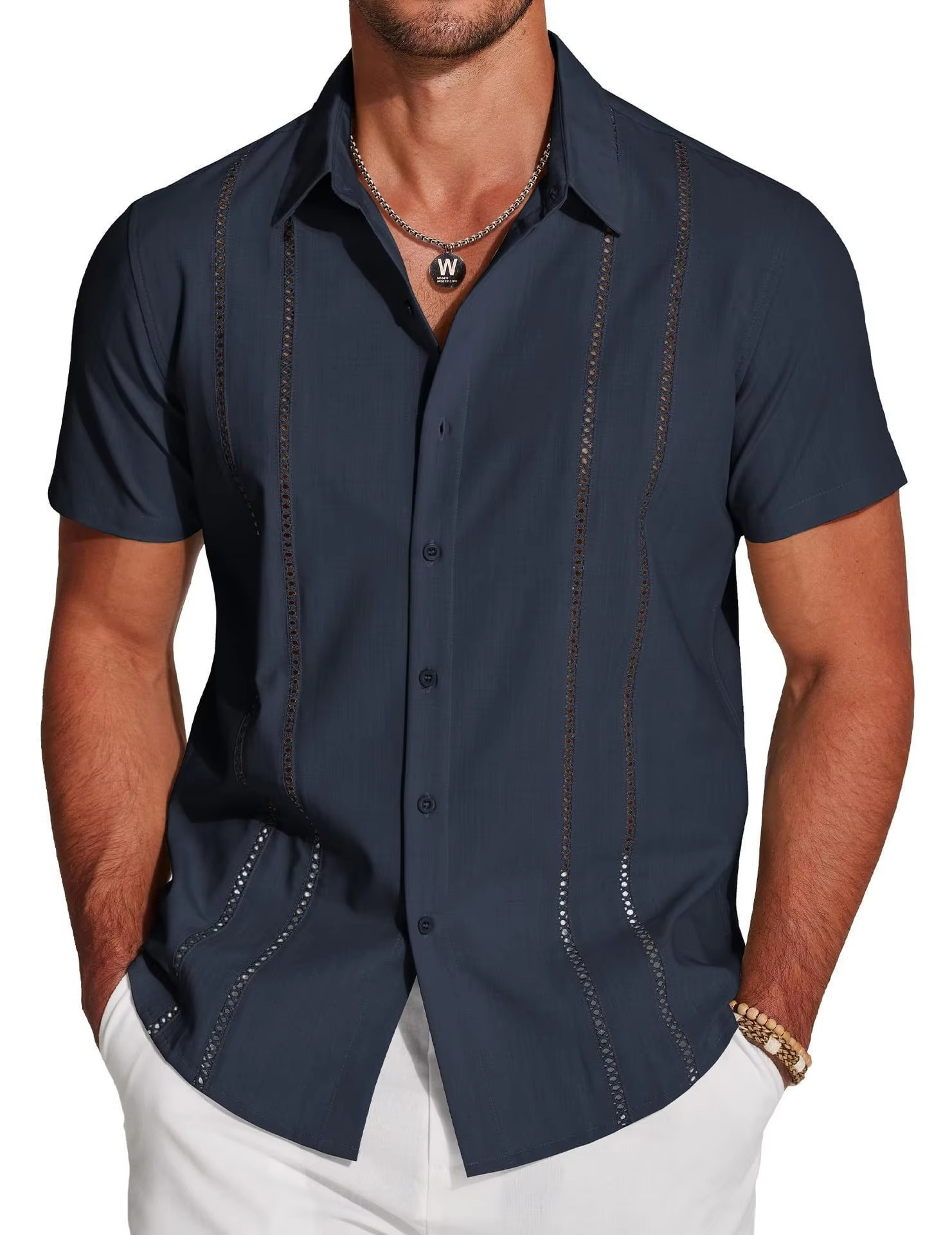 Men's Short Sleeve Cuban Guayabera Shirt, Button Down with Lace Panel Detail