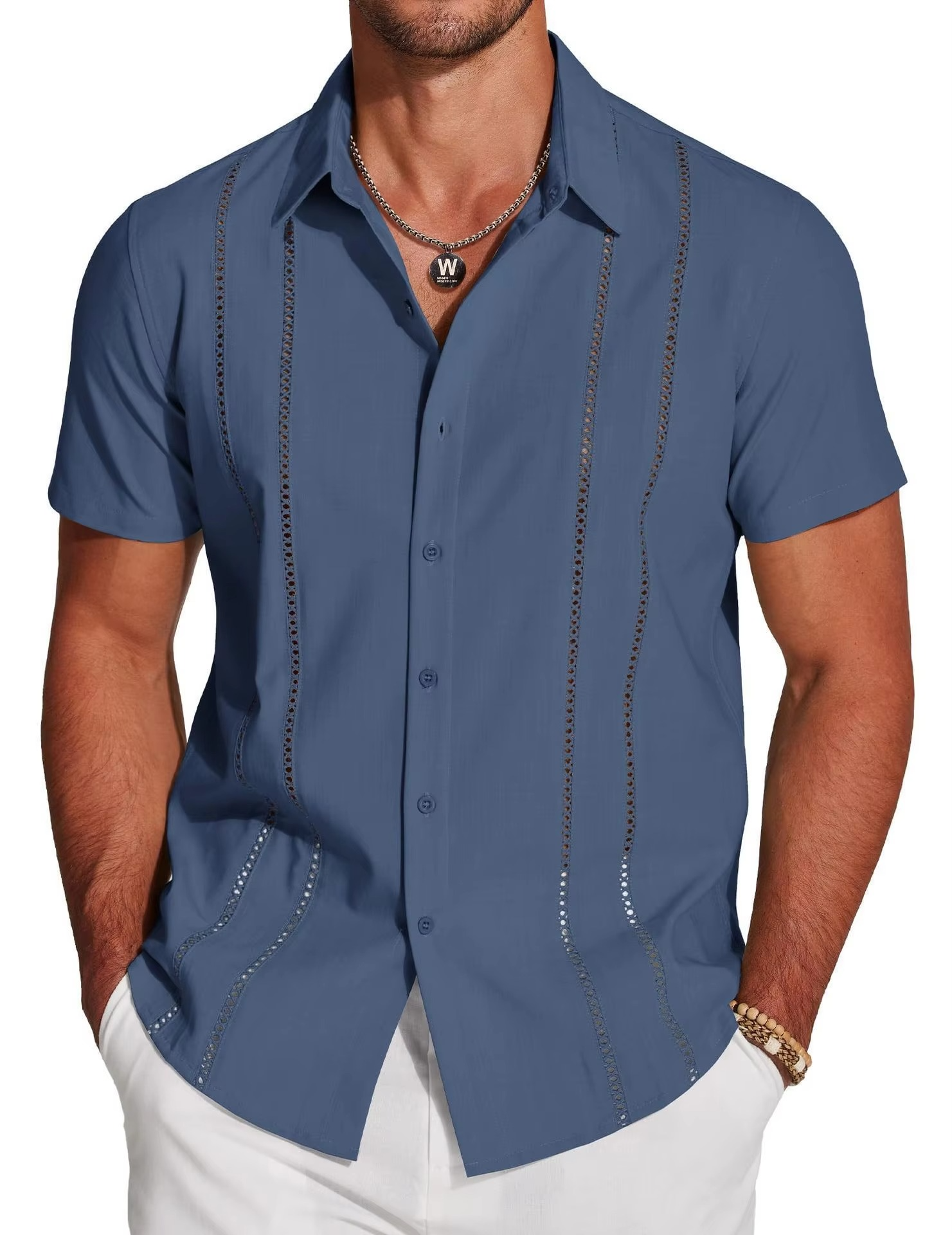 Men's Short Sleeve Cuban Guayabera Shirt, Button Down with Lace Panel Detail