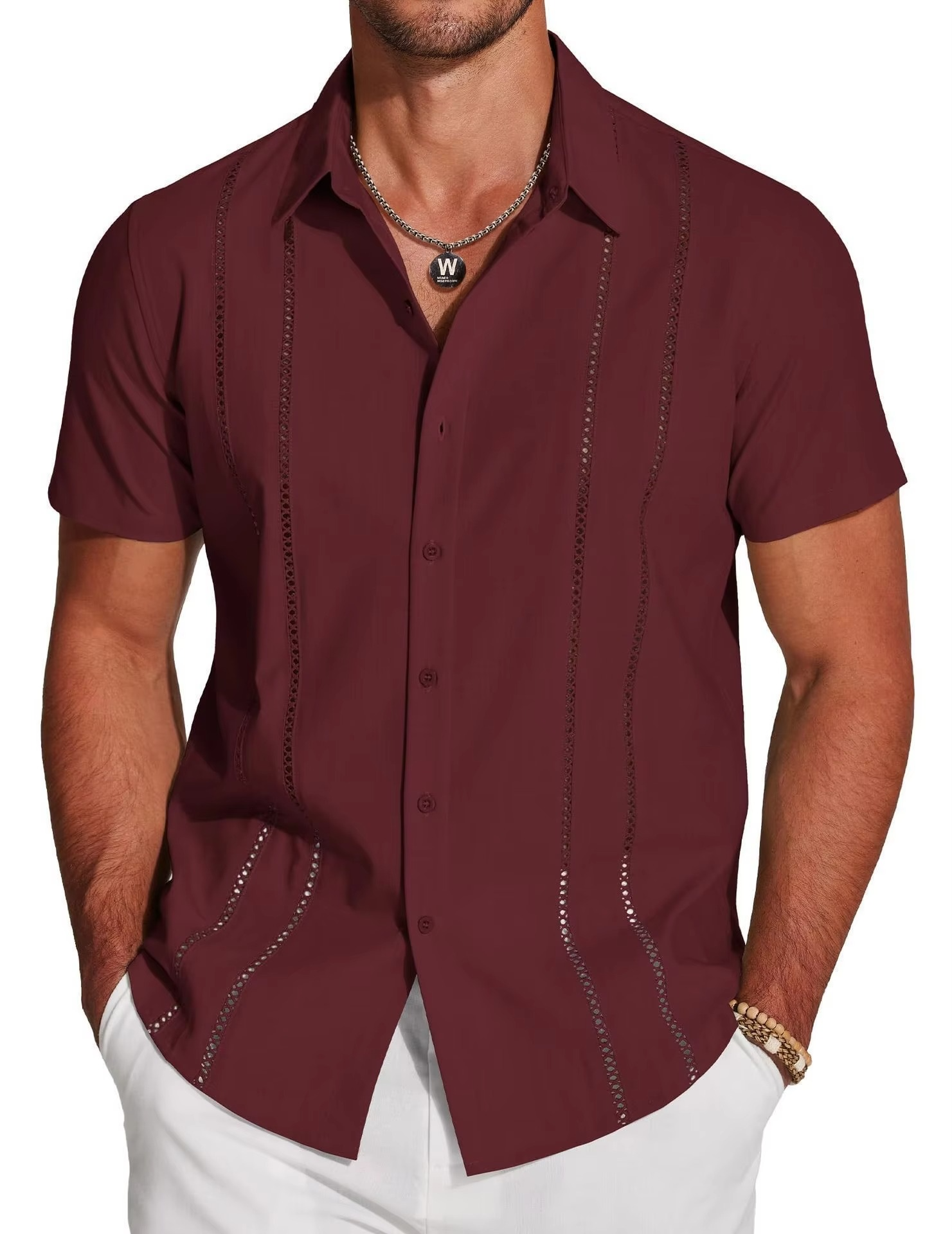 Men's Short Sleeve Cuban Guayabera Shirt, Button Down with Lace Panel Detail