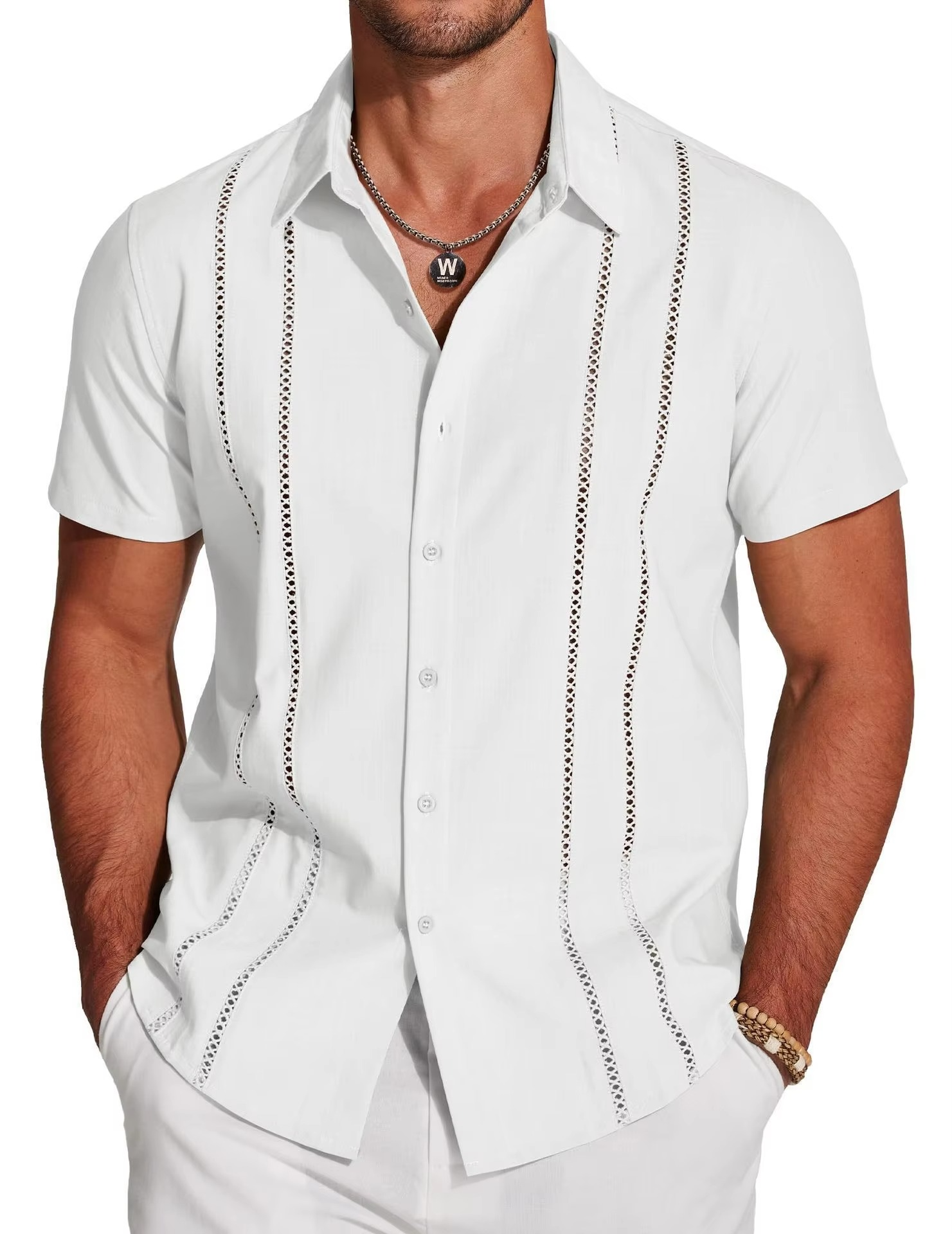 Men's Short Sleeve Cuban Guayabera Shirt, Button Down with Lace Panel Detail