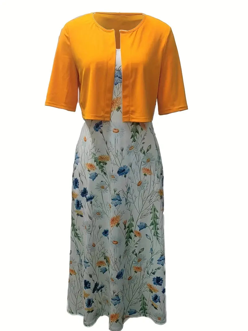 Women's Two-Piece Dress Set | Floral Crop Top & Round Neck | Summer