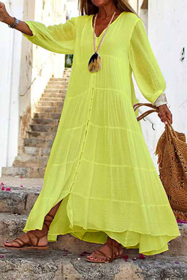 Cotton Maxi Dress | Button Front, Tiered Design | White, Blue, Yellow