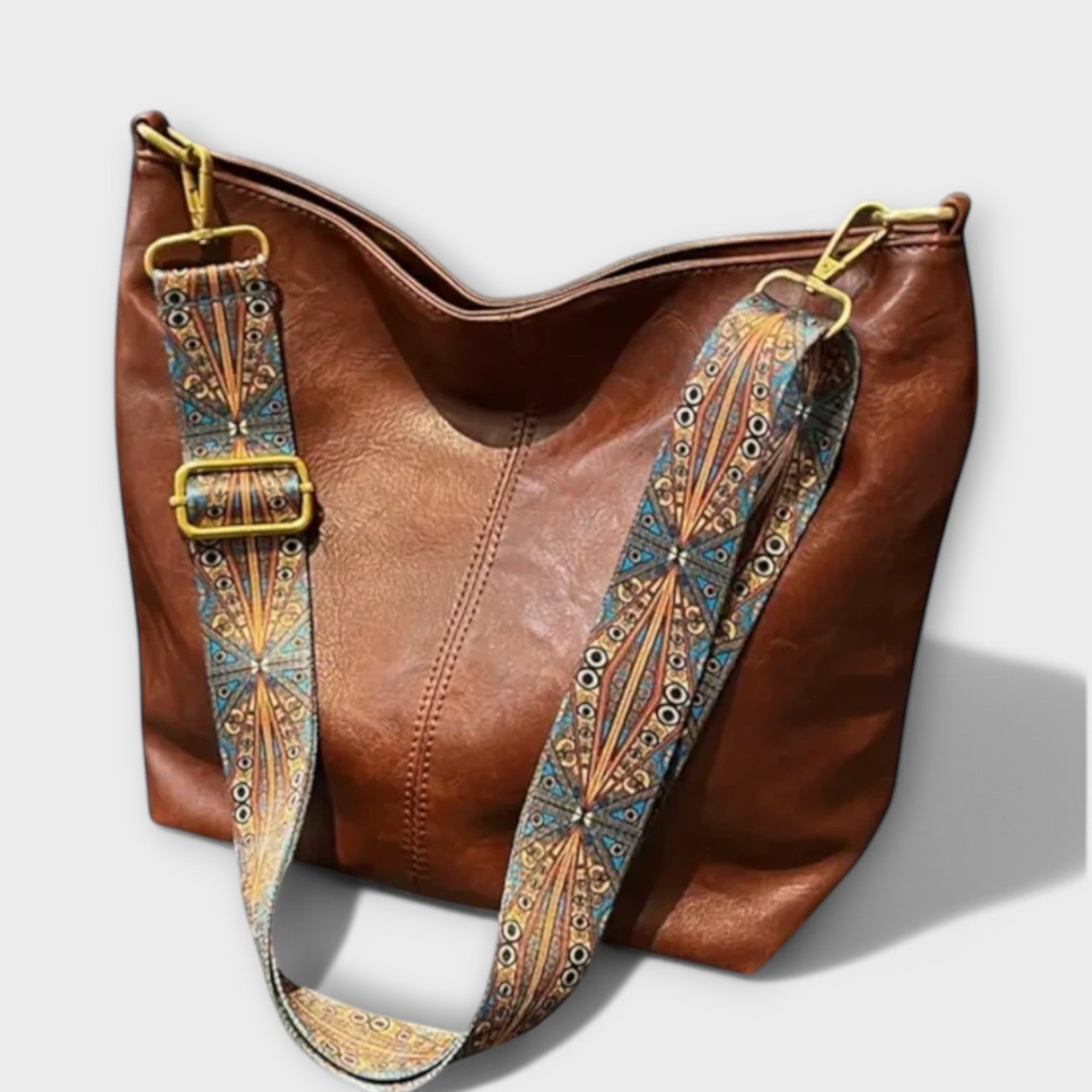 Vintage Leather Shoulder Bag with Adjustable Embroidered Strap