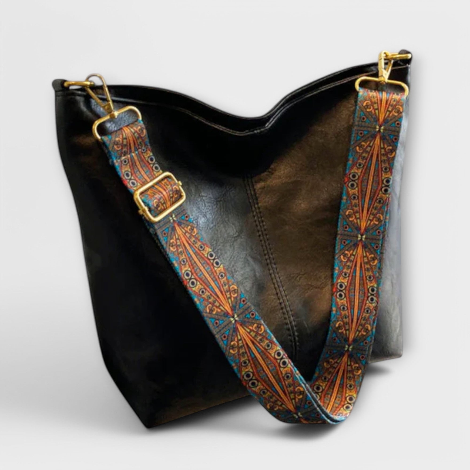 Vintage Leather Shoulder Bag with Adjustable Embroidered Strap