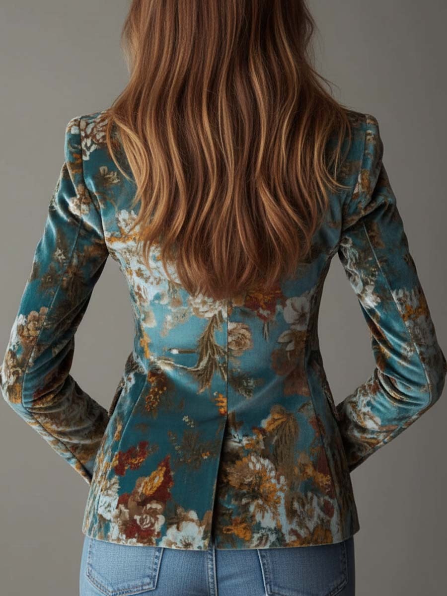 Vera Teal Floral Velvet Tailored Blazer