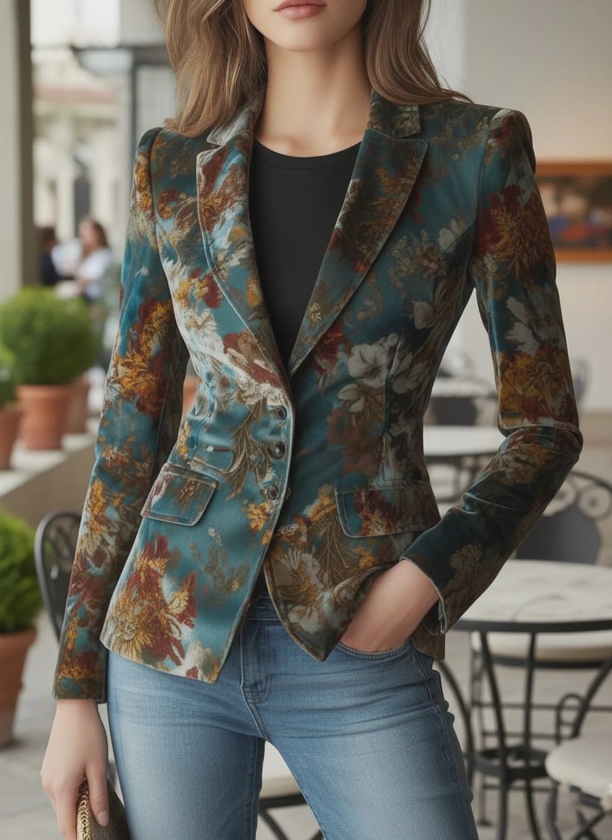 Vera Teal Floral Velvet Tailored Blazer
