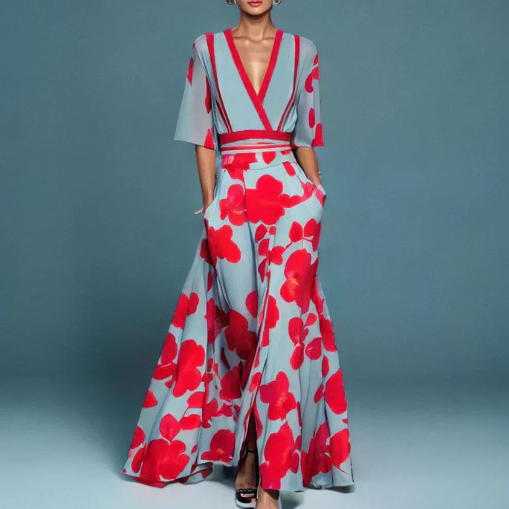 Floral Summer Dress Women | Maxi, V-Neck, Three-Quarter Sleeves